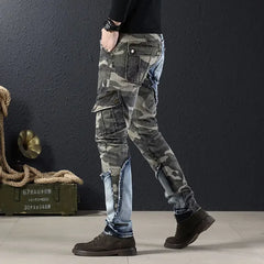 Splicing Camouflage Jeans for Men Graphic Tapered Male Cowboy Pants with Pockets