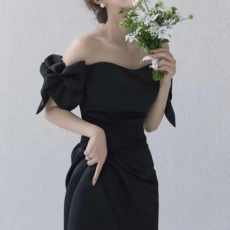 Sweet Bow Off The Shoulder Wedding Dresses New Satin Black Evening Dress Elegant Floor-length A Line Simple Sukienka Na Wesele