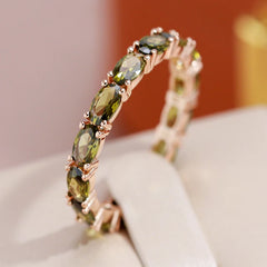 Full Paved Oval Cut Olive Green Zircon Smooth Girls Rings 585 Gold Color