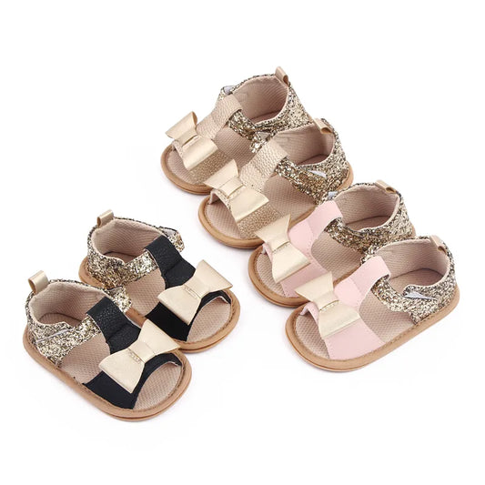 Baby Summer Sandal for Toddler Girls 0-1 Years Glitter Bowknot Anti-slip Soft PU Casual Walikng Shoes Outdoor Summer Shoes