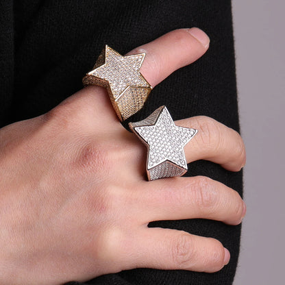 Bubble Letter Men Star Rings Charm Gold Color Full Zircon Fashion Hip Hop Rock