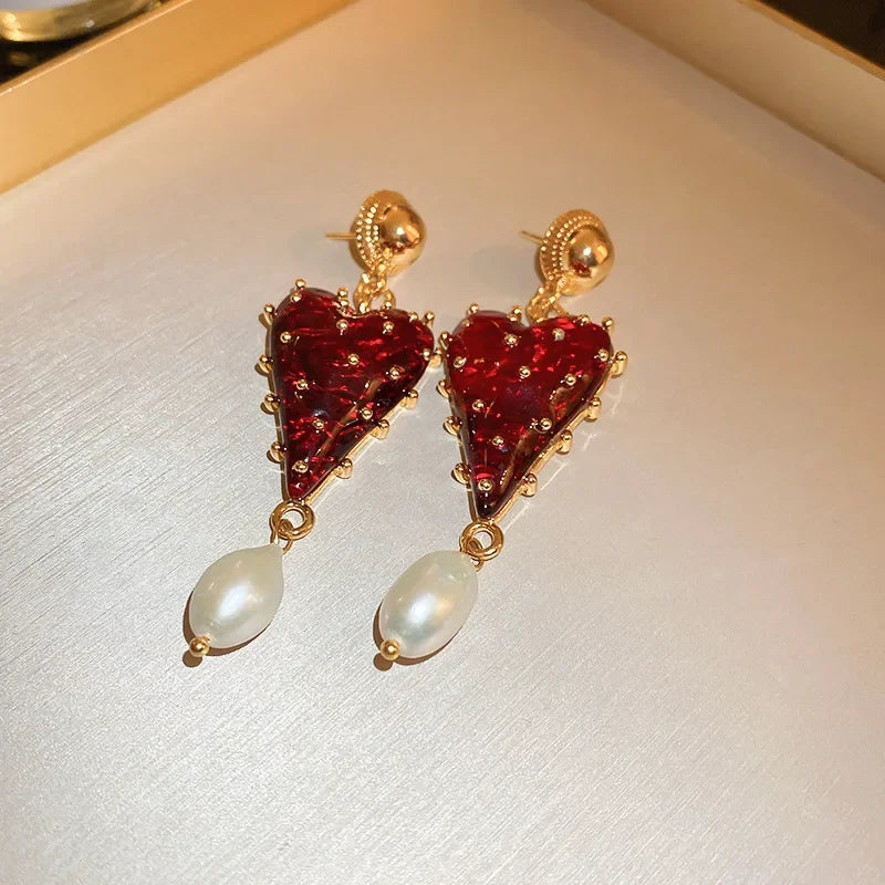 Minar Charming Red Color Resin Love Heart Dangle Earrings for Women Baroque Freshwater Pearl Long Earring Wedding Party Jewelry