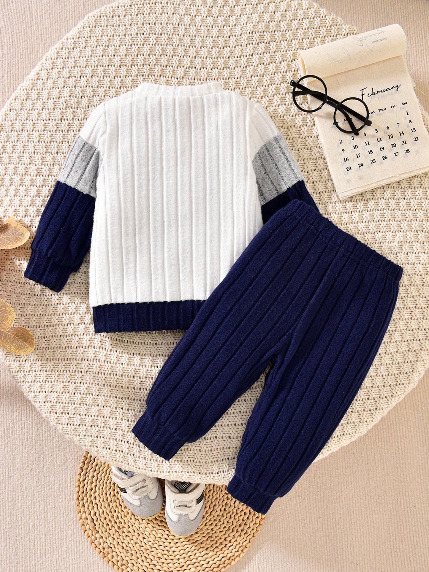 0-3 Years Boys Fall 2Pcs Clothes Sets Long Sleeve O Neck Patchwork Pullover Solid Color Pants