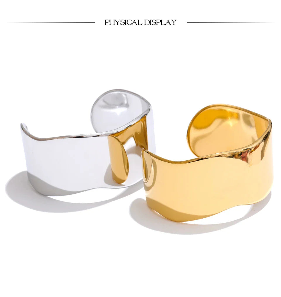 Yhpup 63mm Minimalist Glossy Stainless Steel Polished Wide Cuff Bracelet Bangle PVD Plated Statement Open Wrist Jewellery New