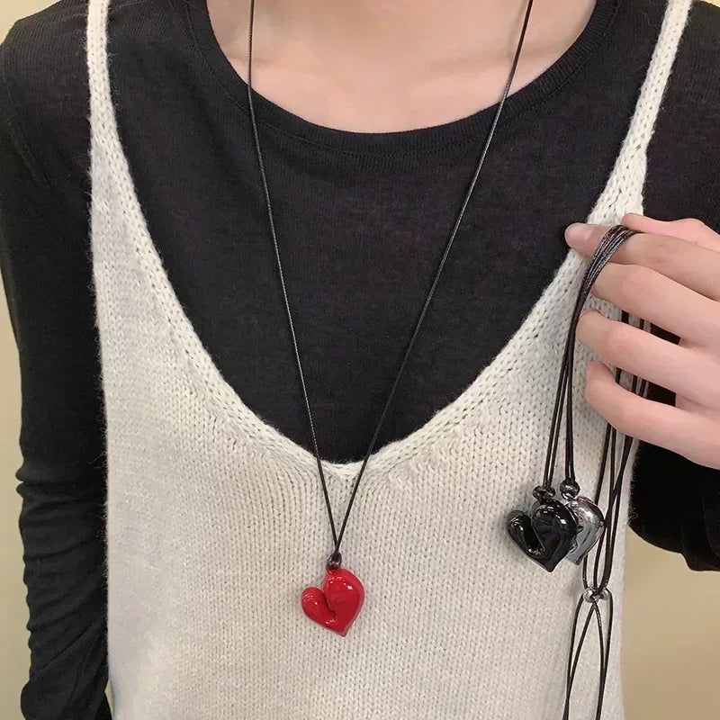 LATS New Heart Pendant Necklace for Women Men 85CM Adjustable Pull-out Sweater Chain Fashion Jewelry Accessory Gift