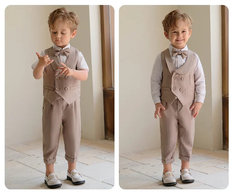 Children's Boys Khaki Striped Suit Set Formal Luxurious Kids Boys Wedding Suit Elegant Kids Boy Suit 1-10Y Boys Suits Outfit Set