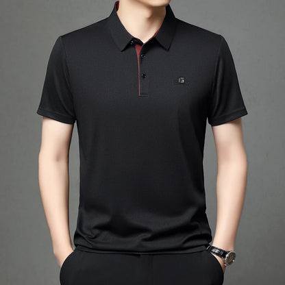 New Men's Business Casual Short Sleeved Shirt with Badge Solid Color Polo Shirt Fashionable Breathable Comfortable Versatile Top
