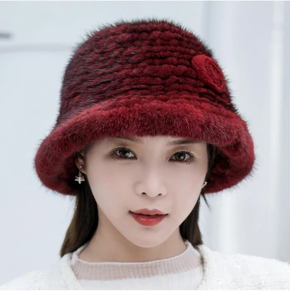 Woman Hat Winter Solid Mink Caps With Flower Natural Mink Fur Hats New Russian Girl Soft Knitting Real Fur Bucket Hats 2026 Warm