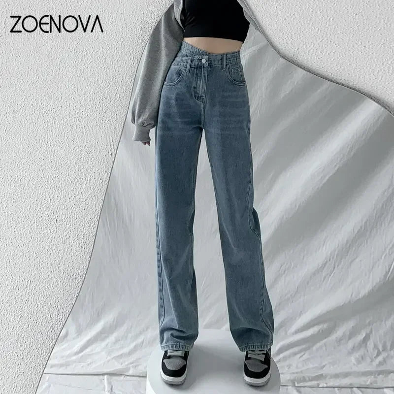 Baggy Straight Jeans Y2K Office Lady Women's Loose Pants Fashion Light Blue Cross
