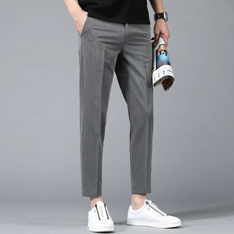 Spring Summer Business Suit Pants Men Thin Formal Slim Fit Classic Office Ankle Length
