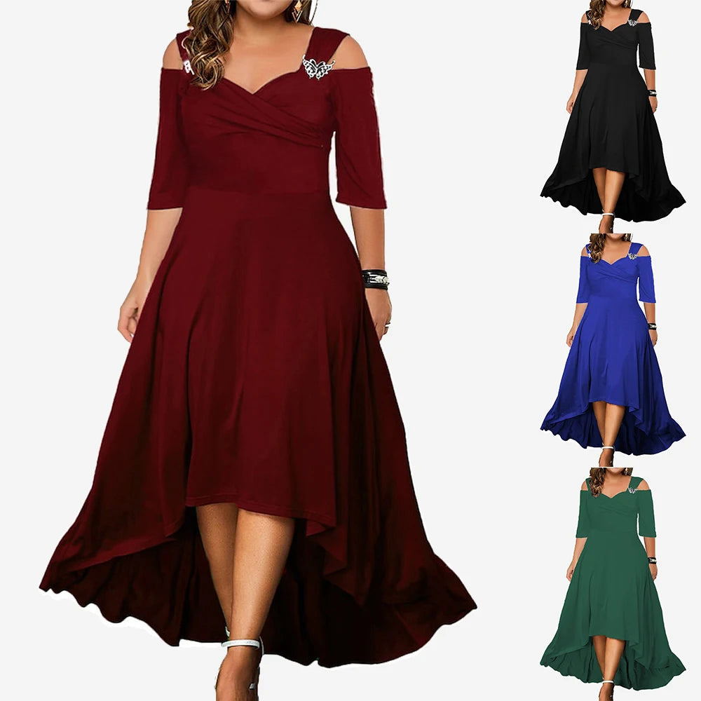 Womens V Neck Cold Shoulder Midi Dress Ladies Cocktail Xmas Party Gown Swing Dresses Evening Formal Plus Size Clothing