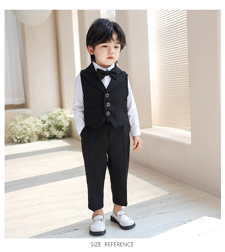 3Pcs Children Boys Black Blue Wedding Suit Teenager Kids Boy Piano Ceremony Tuxedo Suit Formal Vest Shirt Pants Bow Kid Boy Suit
