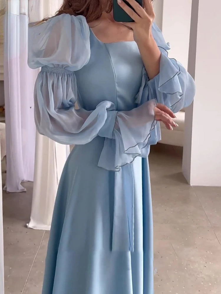 Formal attire Dresses: Elegant Satin Dresses Ladies Puff Sleeve Square Neck Long Skirt