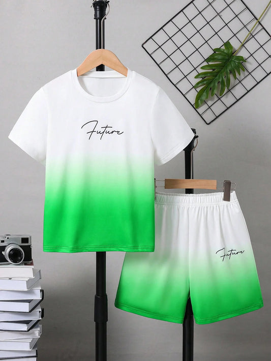 Directional Opening Hot Sales Model for Boys with Gradient Letter Print Green Short-Sleeved Shorts Without Pockets Suit Casual Sports Style