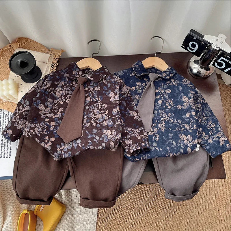 Boys Clothes Sets Spring Autumn 2025 Children Fashion Shirts Tie Pants 2pcs Party Suit For Baby Tracksuits Kids Outfits Toddler