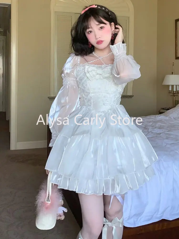 Formal attire Dresses: Sweet Fairy Lolita Dress Women White Mesh Elegant Princess