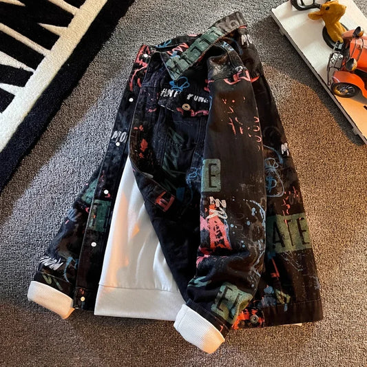 Hip Pop Leter Graffiti Denim Jacket Men's Fashion Spring Punk Wear Korean Jeans Coat