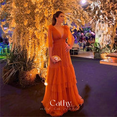 Cathy Puffy Sleeve A-line Prom Dress Orange Multi-layer Evening Dress