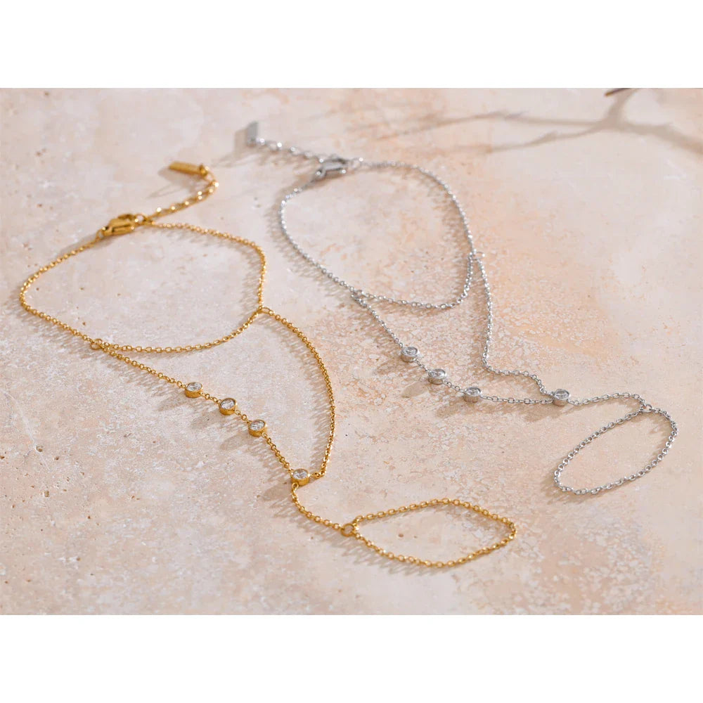 Yhpup Hot Style Zirconia Round Back of Hand Chain Finger Bracelet Bangle Stainless Steel Chic Fashion Jewelry Wholesale 2025 New