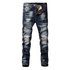 Fashion Streetwear Men Jeans Retro Black Blue Elastic Slim Fit Ripped Jeans Men