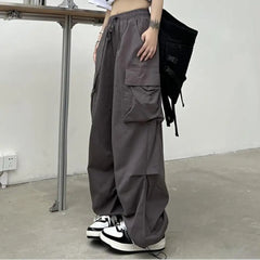 Women Cargo Pants Hip Hop Baggy Solid Color Multi Pockets Elastic Waist Match Top