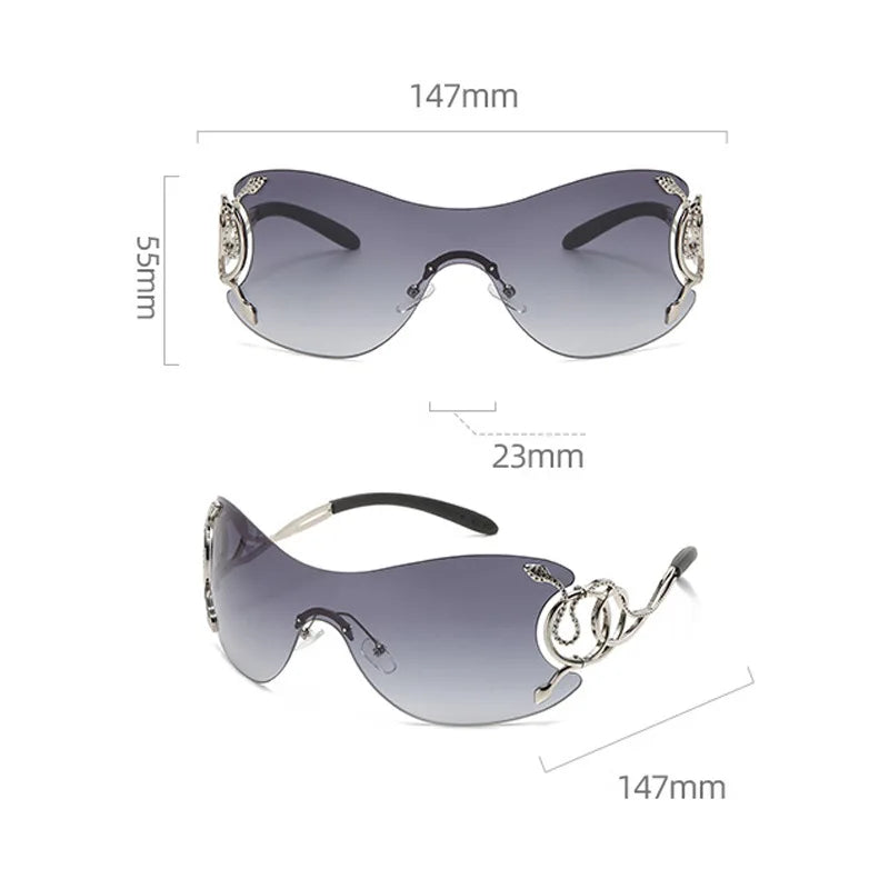 Y2K Rimless Luxury Brand Designer Sunglasses Women For Men One Piece Trendy Oversized Sun Glasses Metal Snake Pink Punk Shades