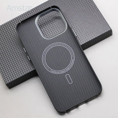 Amstar Magnetic 600D Carbon Fiber Case for iPhone 15 Pro Max 15 Pro Metal Button Aramid Fiber Cover Support Magsafe Charging