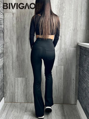 Striped Black Micro Flared Shark Pants Women High Waist Slim Sport Pocket