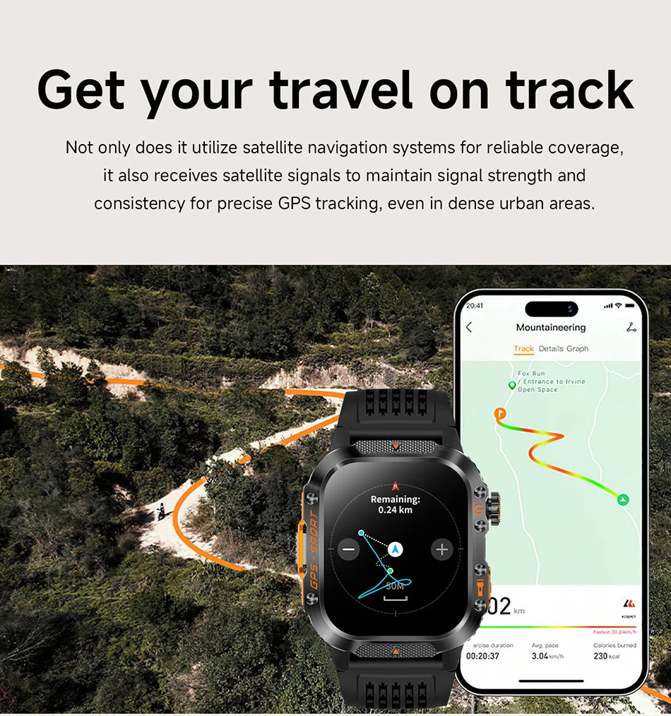 2025 New Military Outdoor Smart Watch Men's GPS Flashlight Bluetooth Call 2.01" AMOLED Screen 3ATM Waterproof Sports Smartwatch
