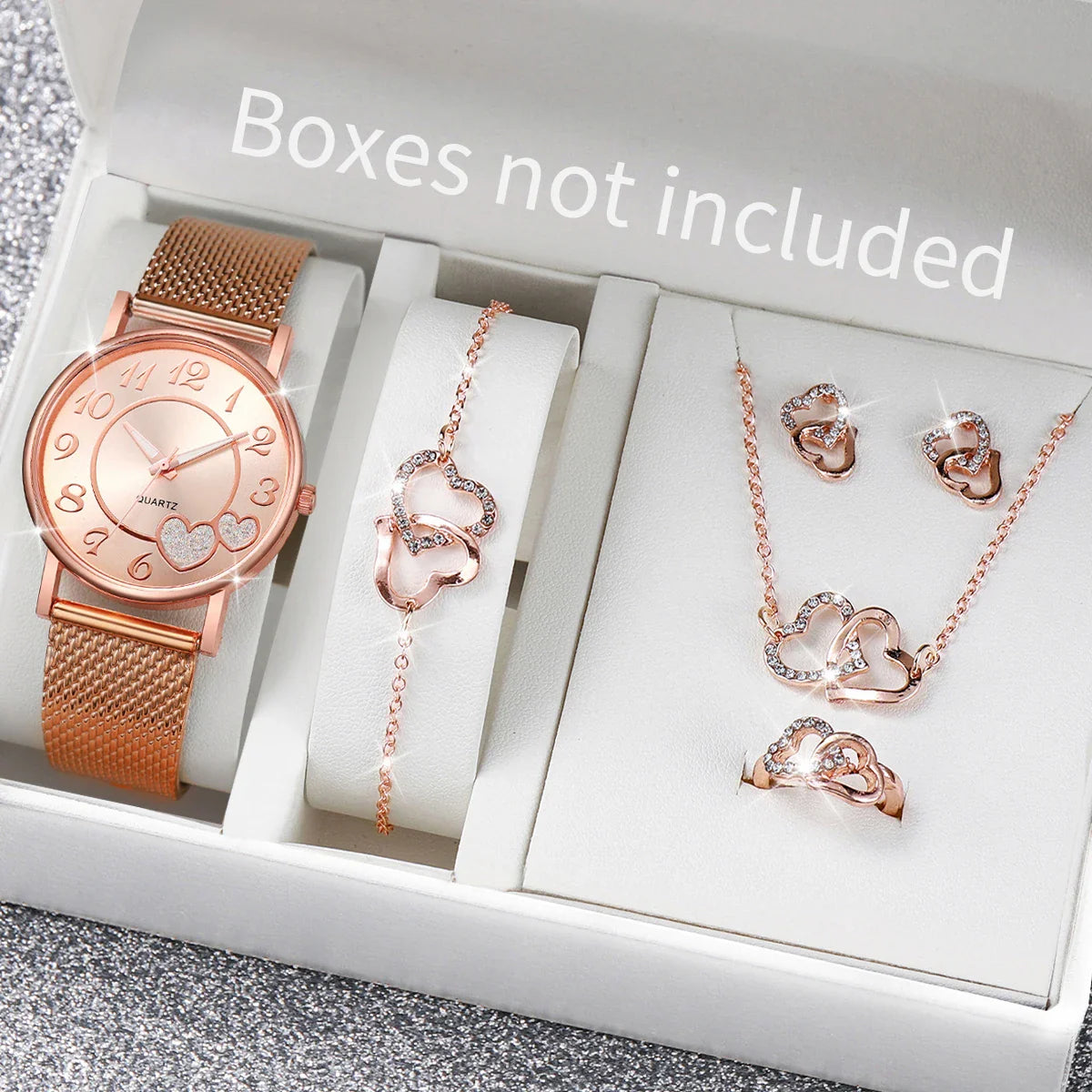 6PCS/Set Fashion Heart Dial Women Watches Plastic Band Quartz Watch Rhinestone Heart Jewelry Set（Without Box）