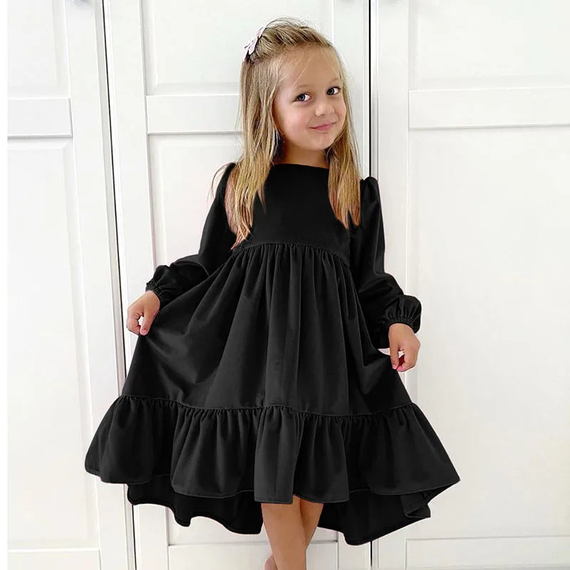 Girls Spring Autumn Winter Velvet Long Sleeve Ruffle Hem Dress
