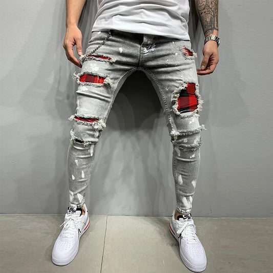 Ripped Jeans Men Stretch Skinny Grey Blue Black Hip Hop Denim Trousers
