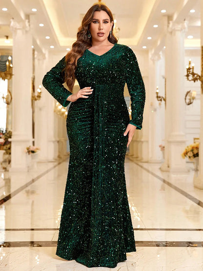 TOLEEN Women Plus Size Maxi Dresses Sequined Plus-size Evening Gown Elegant V-neck Skintight Long Mermaid Party Ball Dress
