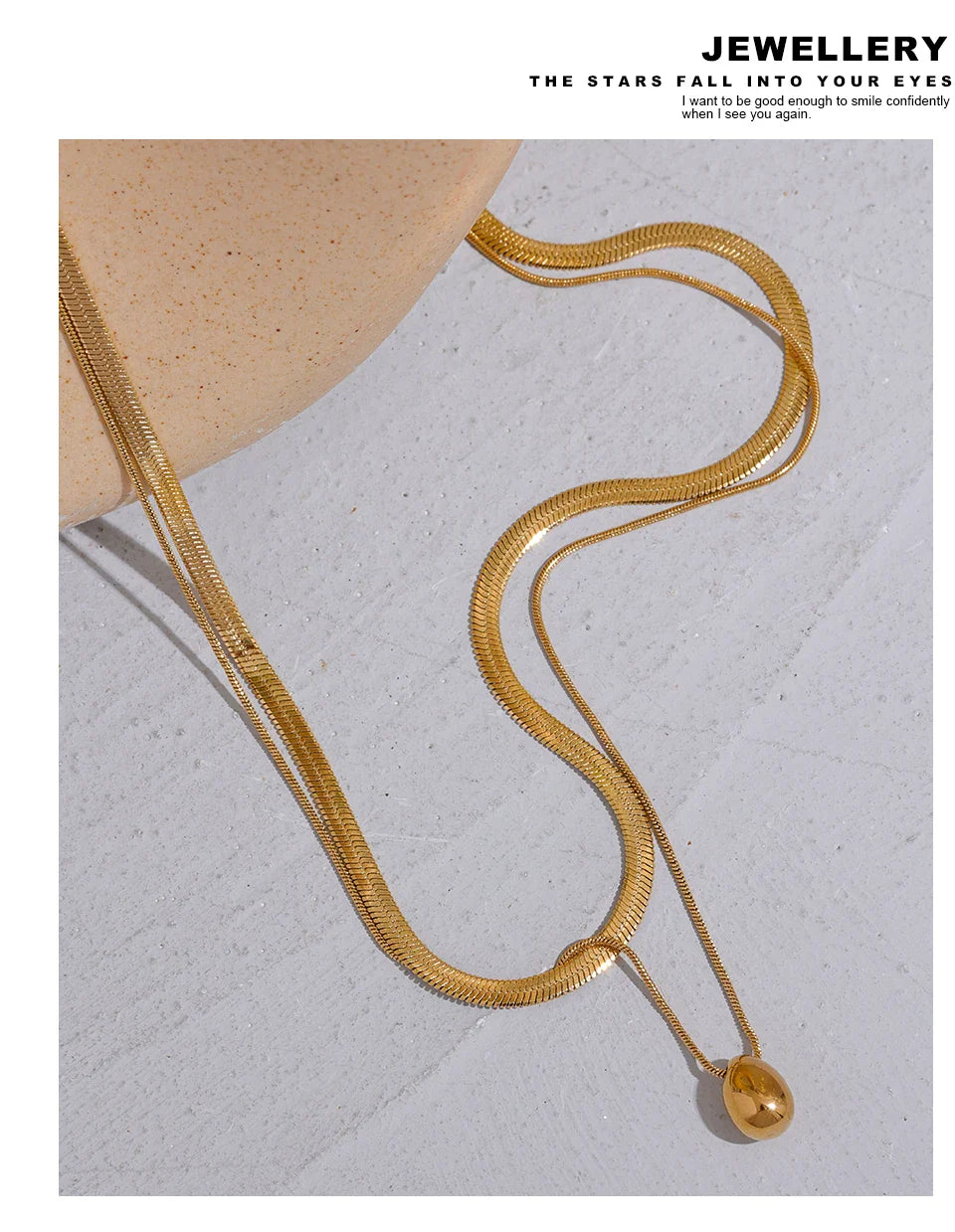 Yhpup Snake Chain Double Layer Stainless Steel Water Drop Pendant Necklace for Women Statement 18k Gold Color Jewelry Waterproof