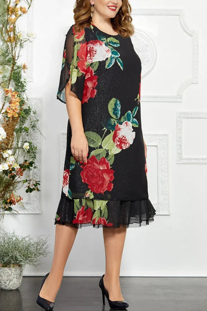 Plus Size Women's Flower Print Ruffle Edge Slim Fit Sleeve Midi Dress Casual O-Neck Female Elegant Fashion Mid-Calf Dress