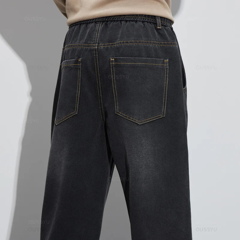 Cotton Jeans Men Baggy Elastic Waist Cargo Denim Pants Work Wide Leg