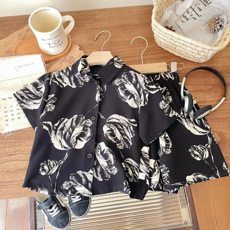 2PCS 2025 Kids Boys Set Clothes Floral Pattern Baby Boy Shirt + Short Outfits Summer Party Birthday Handsome Tops Suit