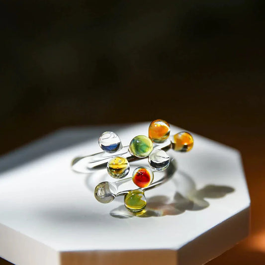 1pc Handcrafted Rainbow Glass Dewdrop Ring Colorful ball Ring Couple's Personalized High-end Round Ring Women Party Jewelry