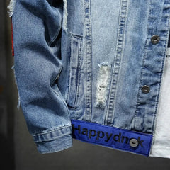 Denim Jacket Men Women Hip Hop Streetwear Punk Motorcycle Ripped Print Jeans Coat