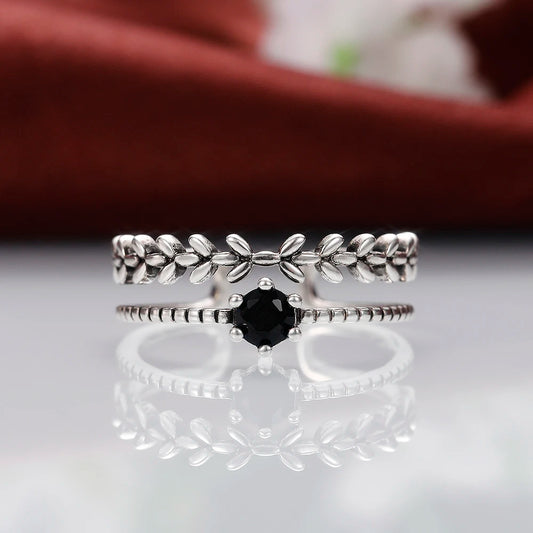 Antique Silver Color Vintage Adjustable Rings for Women Branch Black Stone