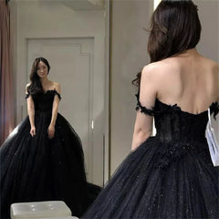 Black Prom Dresses Sweetheart Off The Shoulder A-Line Tulle Lace Applique Backless