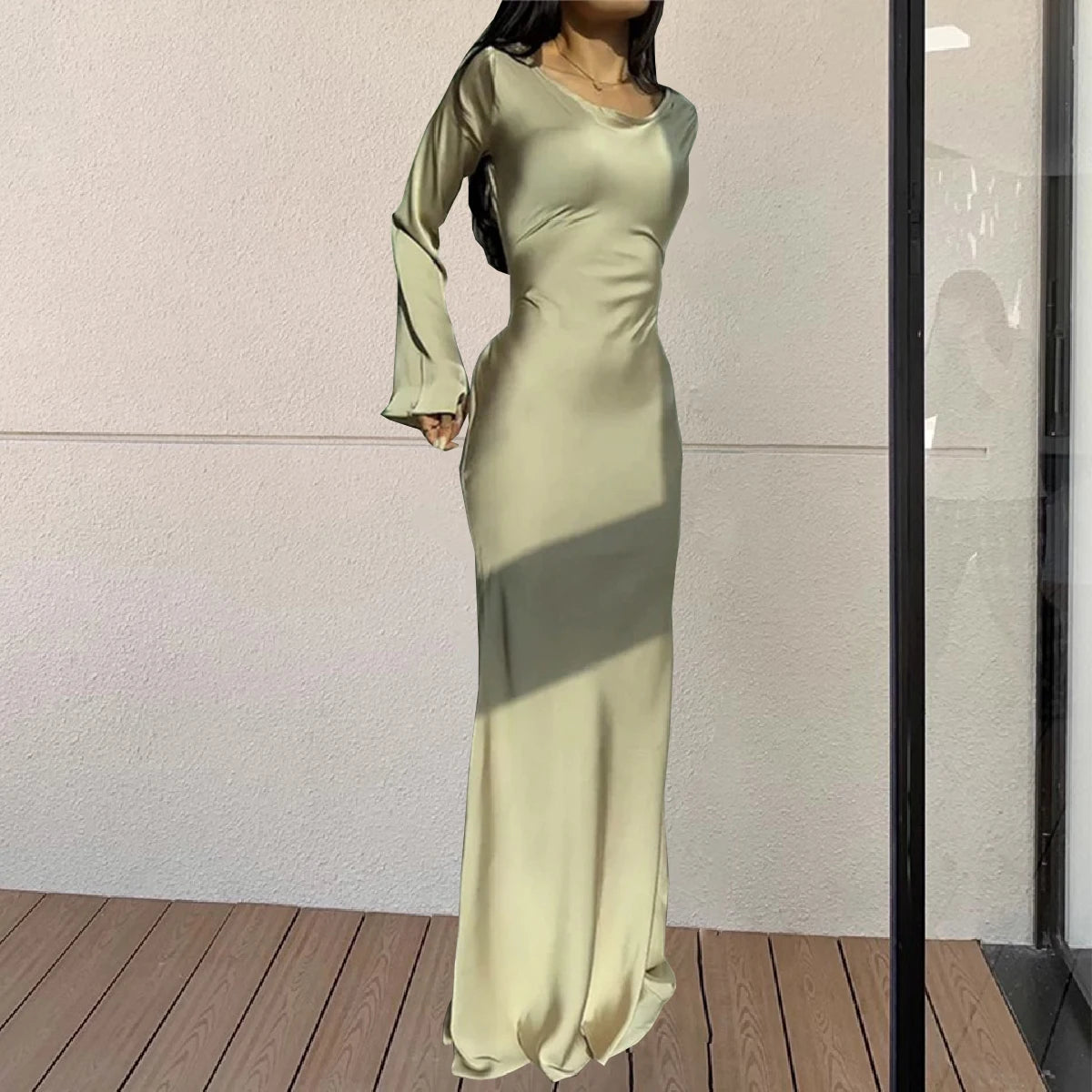 Formal attire Dresses: Round Neck Satin Flare Sleeve Women Dress