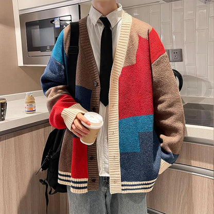 Autumn and Winter Korean Style Fashion Knit Cardigans Sweater Patchwork Color Couple Men Casual Trendy Coats Jacket Men Clothes