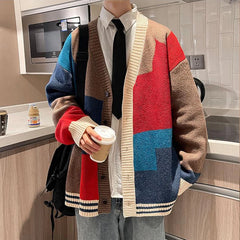 Korean Style Fashion Knit Cardigans Sweater Patchwork Color Couple Jacket