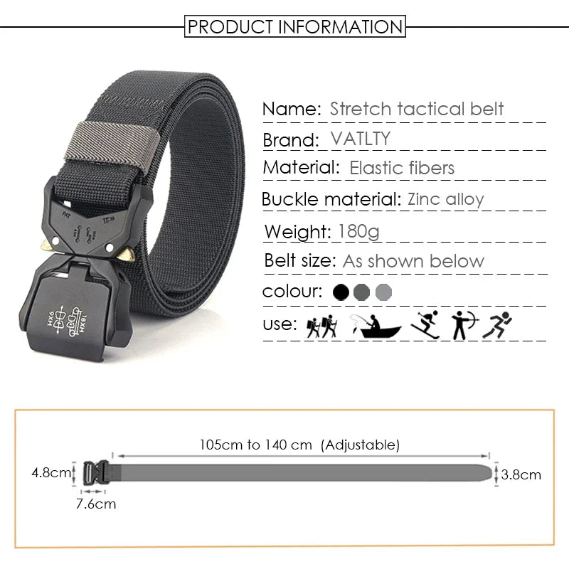 VATLTY 140cm Elastic Belt For Men Aluminum Alloy Quick Release Buckle Strong Nylon Tactical Belt Male Military Accessories