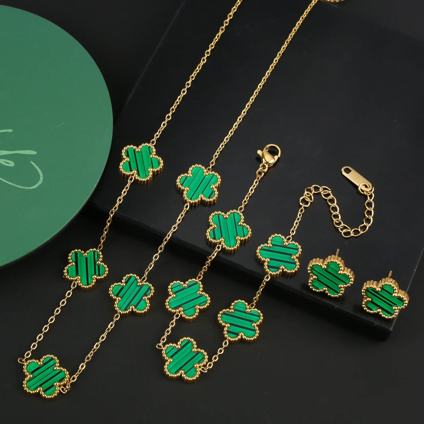 INS Hot Sale Stainless Steel Five Laef Flower Clover Bracelet Jewelry Set Necklace Earrings For Woman Daily Wear Brand Jewelry