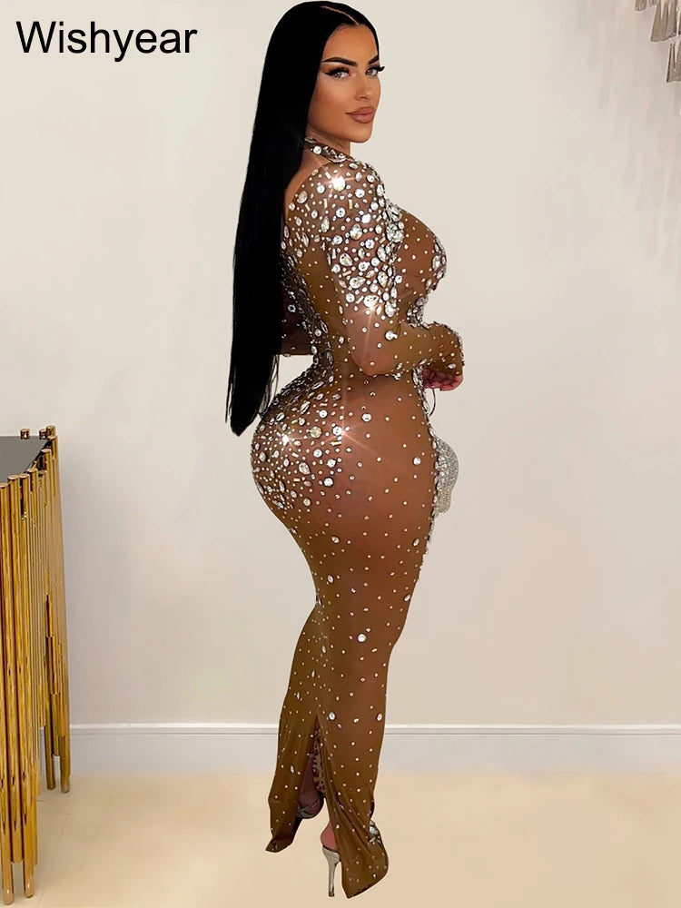 Formal attire Dresses: Evening Sparkly Rhinestone Diamonds Mesh Maxi Dress