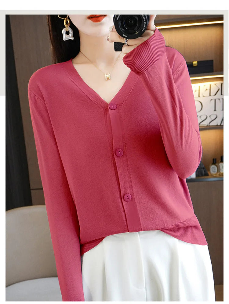 Summer Korean Version Thin Solid V-Neck Ice Silk Knitted Long Sleeve