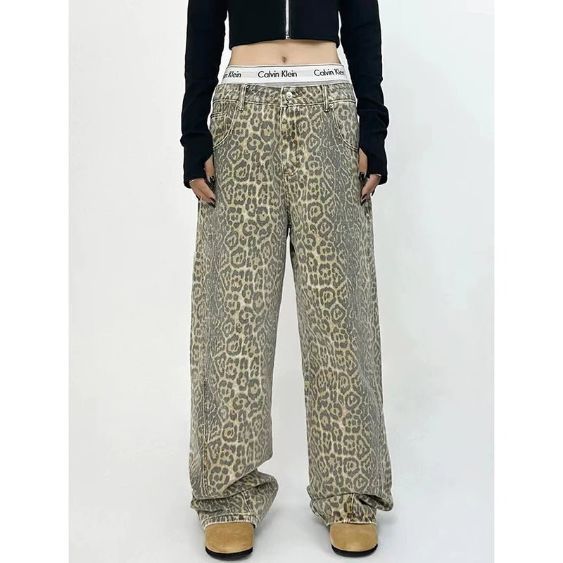 American Retro High Street Casual Overalls Leopard Print Loose Wide Leg Pants