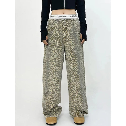 American Retro High Street Casual Overalls Leopard Print Loose Wide Leg Pants